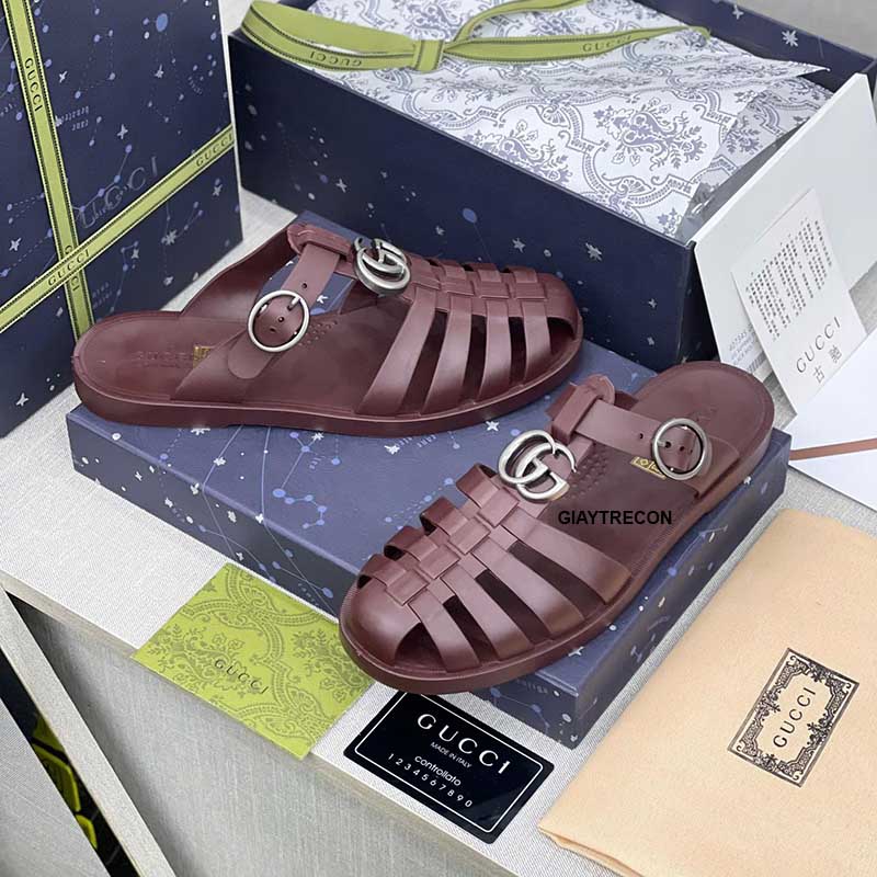 Dép Rọ Gucci Double G Mule Màu Đỏ Nâu