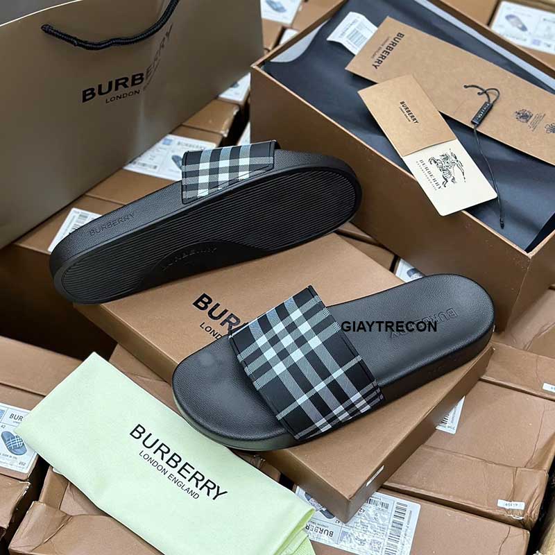 Dép Burberry Check Print Slides Màu Xám