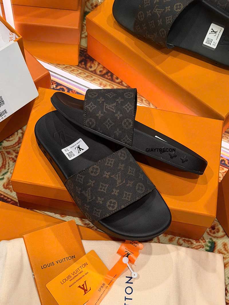 Dép LV Waterfront Monogram Denim Canvas Nâu